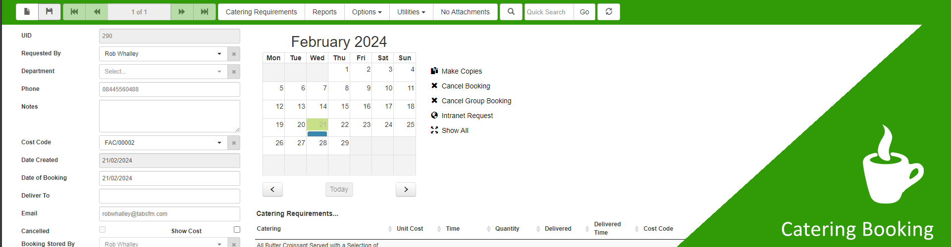 Catering Booking CAFM Software for facilities management